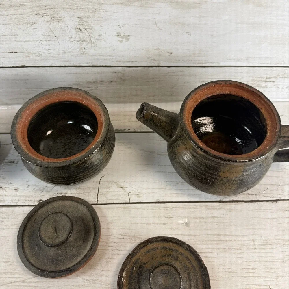 Vintage JC Studio Pottery‎ Tea Set Teapot Lidded Sugar Bowl Creamer Dark Glaze